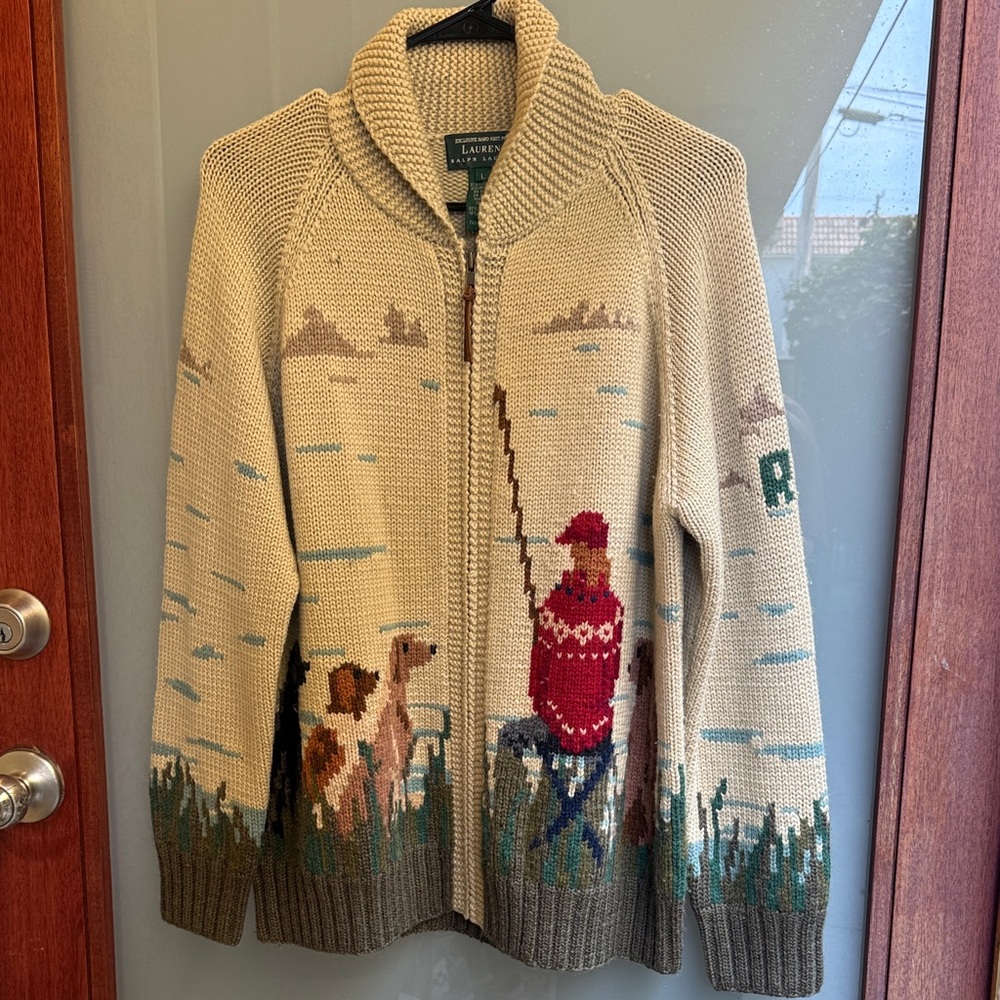 Hand knitted Ralph Lauren Beige Shawl-Collar Zip with Multicolor Fishing Motif